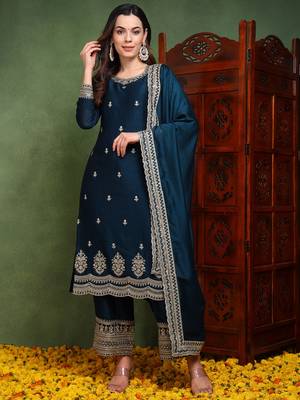 women teal silk blend solid embroidered straight kurta palazzo with dupatta 1