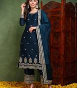women teal silk blend solid embroidered straight kurta palazzo with dupatta