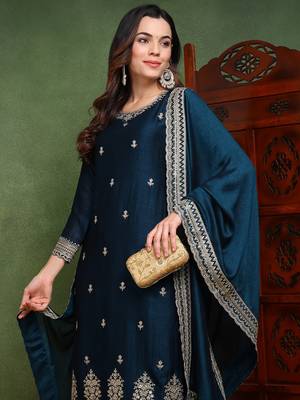 women teal silk blend solid embroidered straight kurta palazzo with dupatta 2