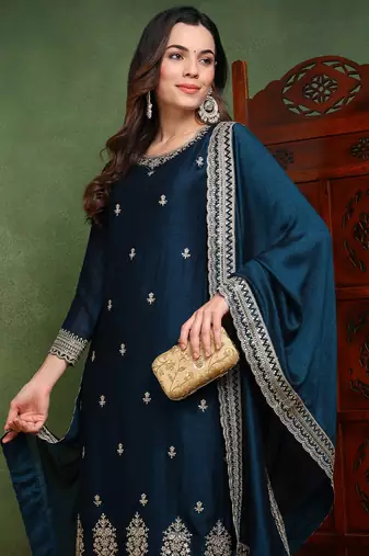 women teal silk blend solid embroidered straight kurta palazzo with dupatta