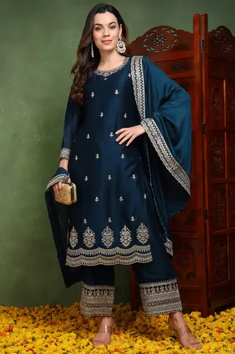 women teal silk blend solid embroidered straight kurta palazzo with dupatta