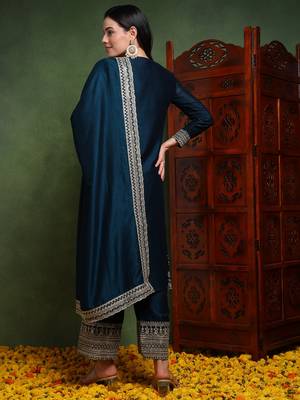 women teal silk blend solid embroidered straight kurta palazzo with dupatta 4