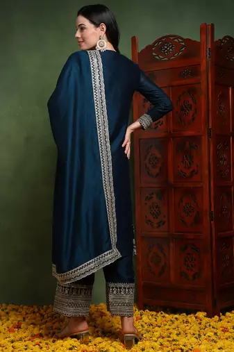 women teal silk blend solid embroidered straight kurta palazzo with dupatta