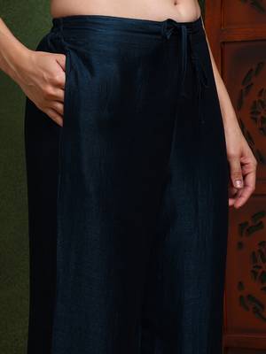 women teal silk blend solid embroidered straight kurta palazzo with dupatta 5