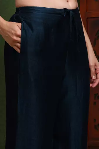 women teal silk blend solid embroidered straight kurta palazzo with dupatta