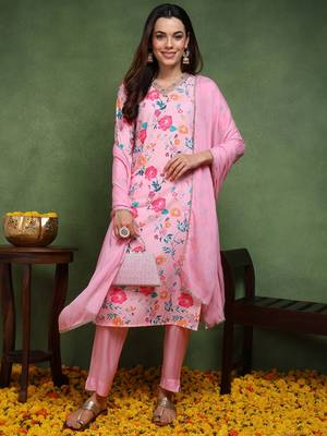 women pink cotton blend floral printed straight kurta trouser with dupatta 1