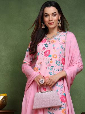 women pink cotton blend floral printed straight kurta trouser with dupatta 2