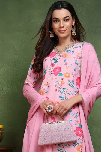 women pink cotton blend floral printed straight kurta trouser with dupatta