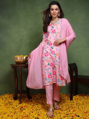 women pink cotton blend floral printed straight kurta trouser with dupatta 3