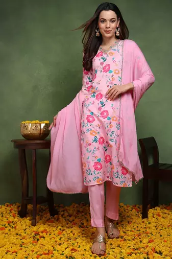 women pink cotton blend floral printed straight kurta trouser with dupatta