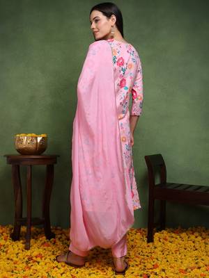 women pink cotton blend floral printed straight kurta trouser with dupatta 4