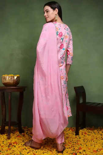 women pink cotton blend floral printed straight kurta trouser with dupatta