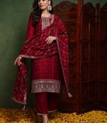 women maroon silk blend solid embroidered straight kurta trouser with dupatta