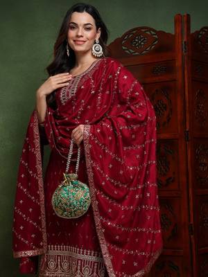 women maroon silk blend solid embroidered straight kurta trouser with dupatta 2