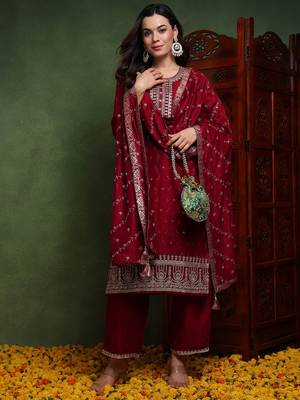 women maroon silk blend solid embroidered straight kurta trouser with dupatta 3