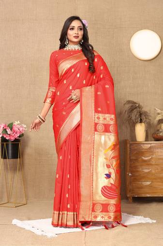 Red zari weaving tassel pallu work soft silk saree