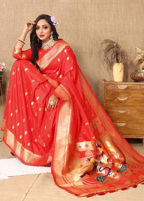 Red zari weaving tassel pallu work soft silk saree 2