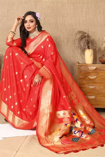 Red zari weaving tassel pallu work soft silk saree