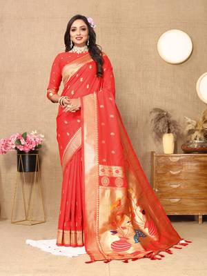Red zari weaving tassel pallu work soft silk saree 4