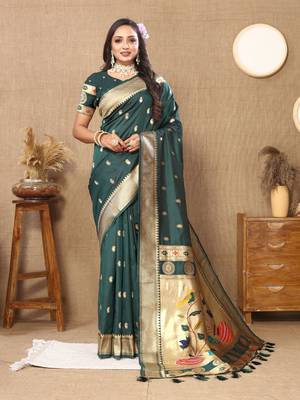 Teal green zari weaving tassel pallu work soft silk saree 1