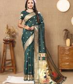 Teal green zari weaving tassel pallu work soft silk saree