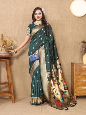 Teal green zari weaving tassel pallu work soft silk saree 2