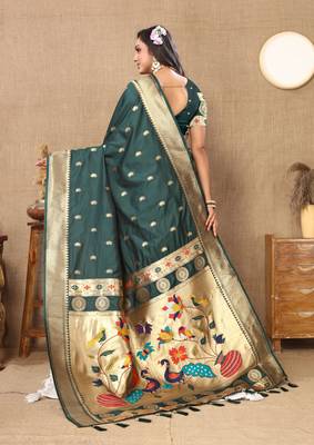 Teal green zari weaving tassel pallu work soft silk saree 3