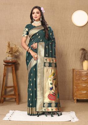Teal green zari weaving tassel pallu work soft silk saree 4