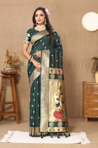 Teal green zari weaving tassel pallu work soft silk saree