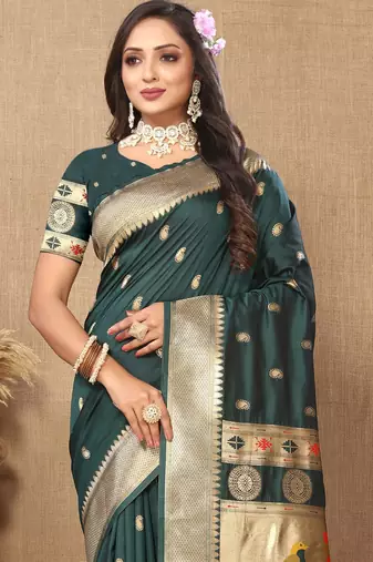 Teal green zari weaving tassel pallu work soft silk saree