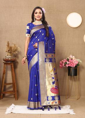 Blue zari weaving tassel pallu work soft silk saree 1