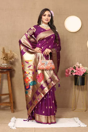 Purple zari weaving tassel pallu work soft silk saree