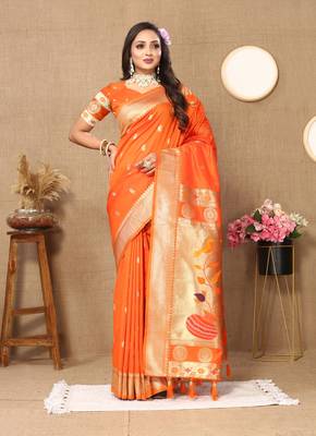 Orange zari weaving tassel pallu work soft silk saree 1