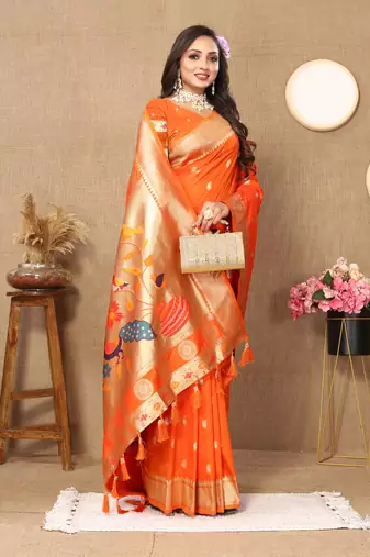 Orange zari weaving tassel pallu work soft silk saree