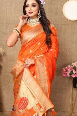 Orange zari weaving tassel pallu work soft silk saree 5