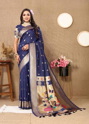 Navy blue zari weaving tassel pallu work soft silk saree 1