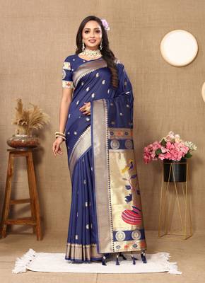 Navy blue zari weaving tassel pallu work soft silk saree 2