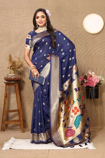 Navy blue zari weaving tassel pallu work soft silk saree
