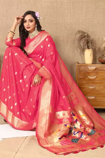 Pink zari weaving tassel pallu work soft silk saree