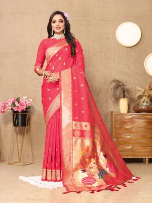 Pink zari weaving tassel pallu work soft silk saree 4