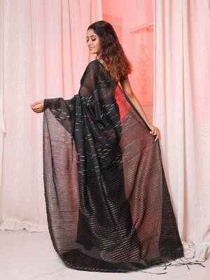 Black handloom saree with multicolor thread and zari work 3