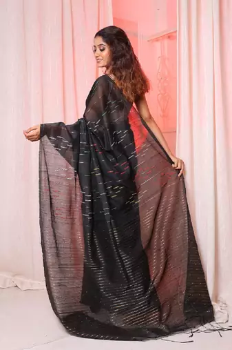 Black handloom saree with multicolor thread and zari work
