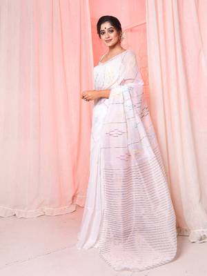 Pink handloom saree with multicolor thread and zari work 2