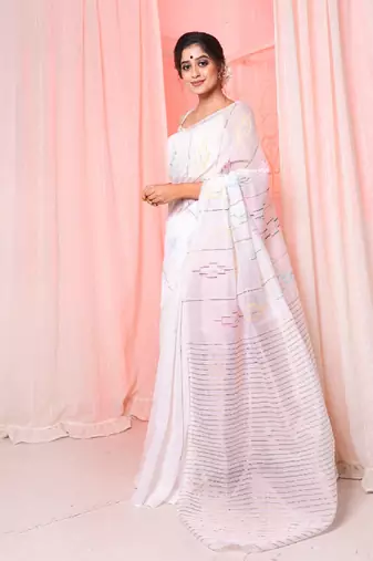 Pink handloom saree with multicolor thread and zari work