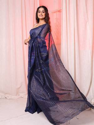 Navy blue handloom saree with multicolor thread and zari work 1