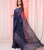 Navy blue handloom saree with multicolor thread and zari work