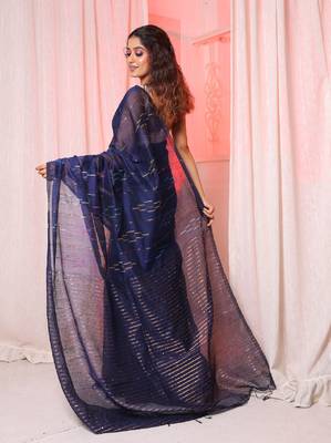 Navy blue handloom saree with multicolor thread and zari work 3