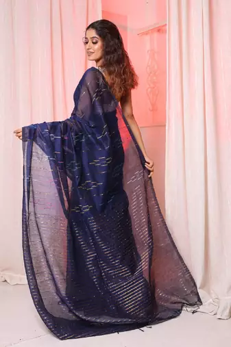 Navy blue handloom saree with multicolor thread and zari work