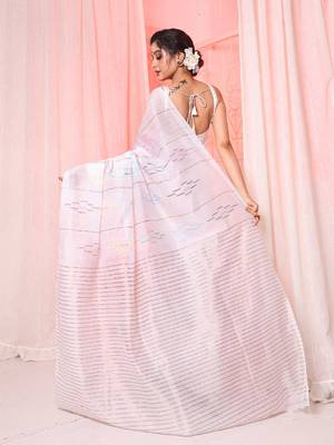 White handloom saree with multicolor thread and zari work 3