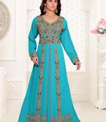 Cyan color luxurious Full Sleeves Handmade Moroccan Kaftan .